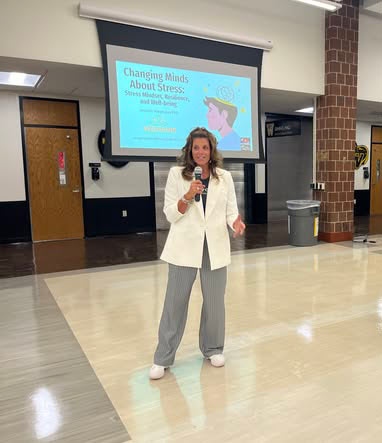 Jennifer Wegmann speaking to a group of educators about stress.